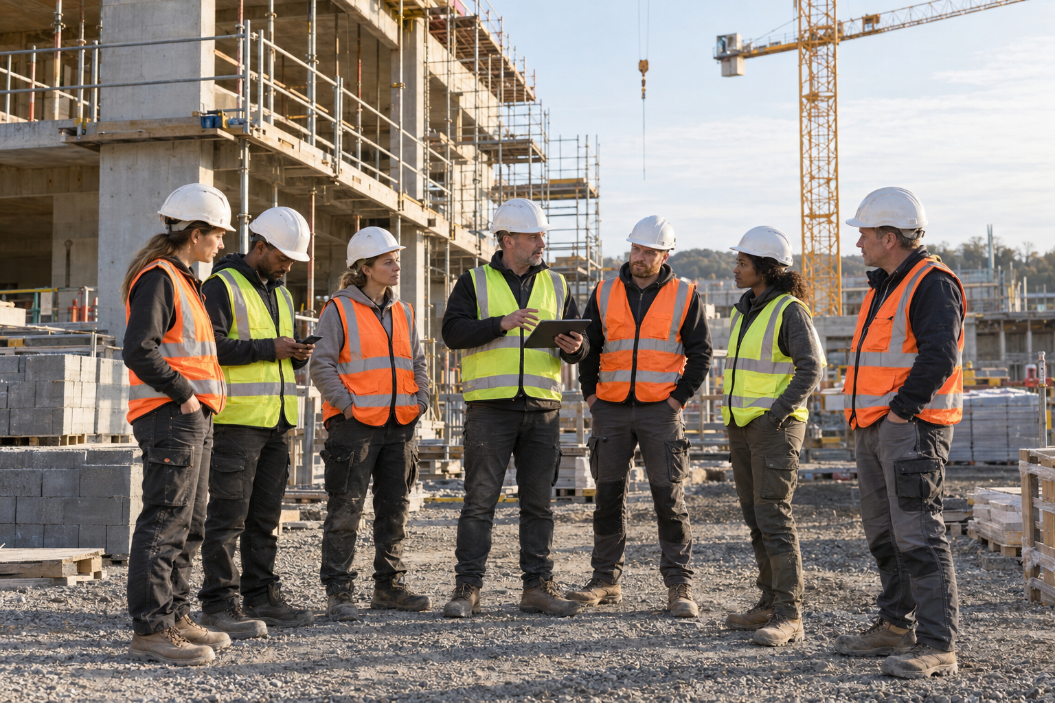 A construction crew planning their work together on site